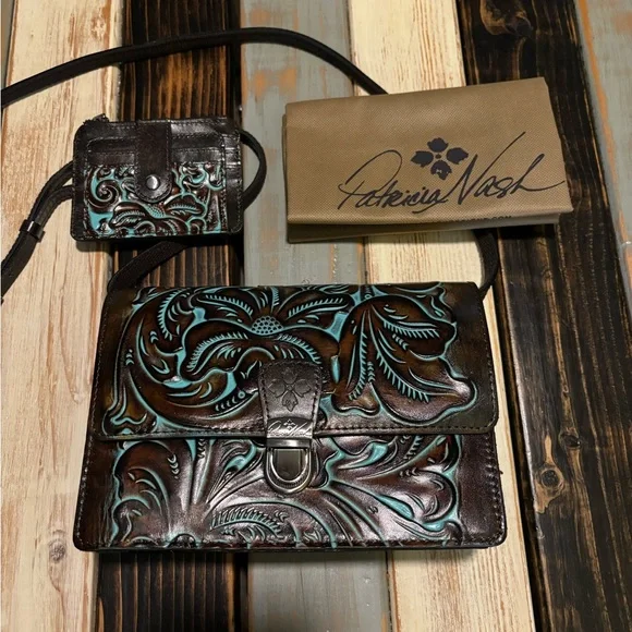 Patricia Nash Brown and Turquoise Embossed Leather Bag Set - Picture 1 of 5